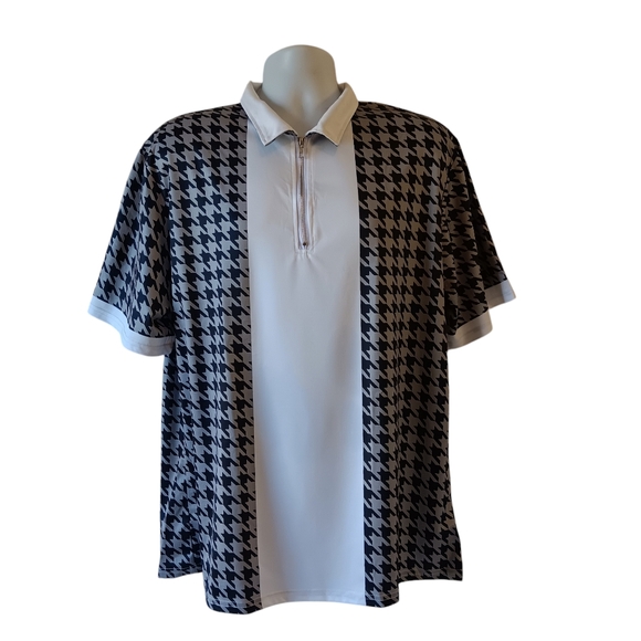 Men's black/gray houndstooth print short-sleeve zip front polo shirt size XL - Picture 1 of 8